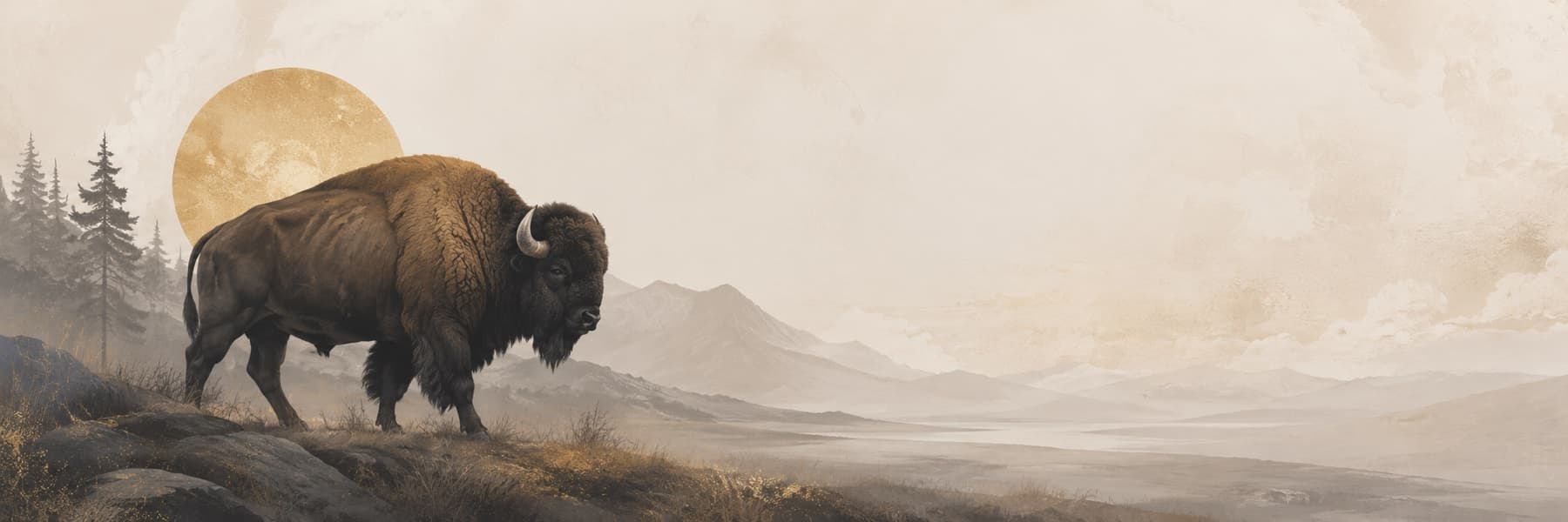Lone bison standing in a misty mountain landscape with a rising gold sun — symbol of strength, continuity, and Indigenous values